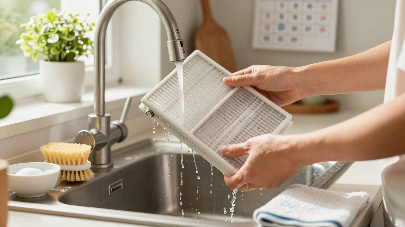 Person reinigt Luftfilter unter laufendem Wasserhahn in moderner Küche mit Fenster und Pflanzen.