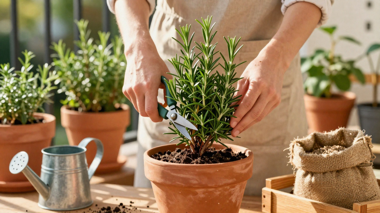 Person schneidet Rosmarinpflanze in einem Tontopf mit einer Schere auf einem Gartentisch zurecht.