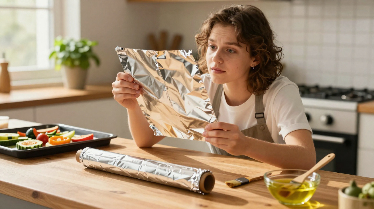 Junge Frau kontrolliert ein Blatt Alufolie in moderner Küche mit Gemüse und Olivenöl auf Holztisch.