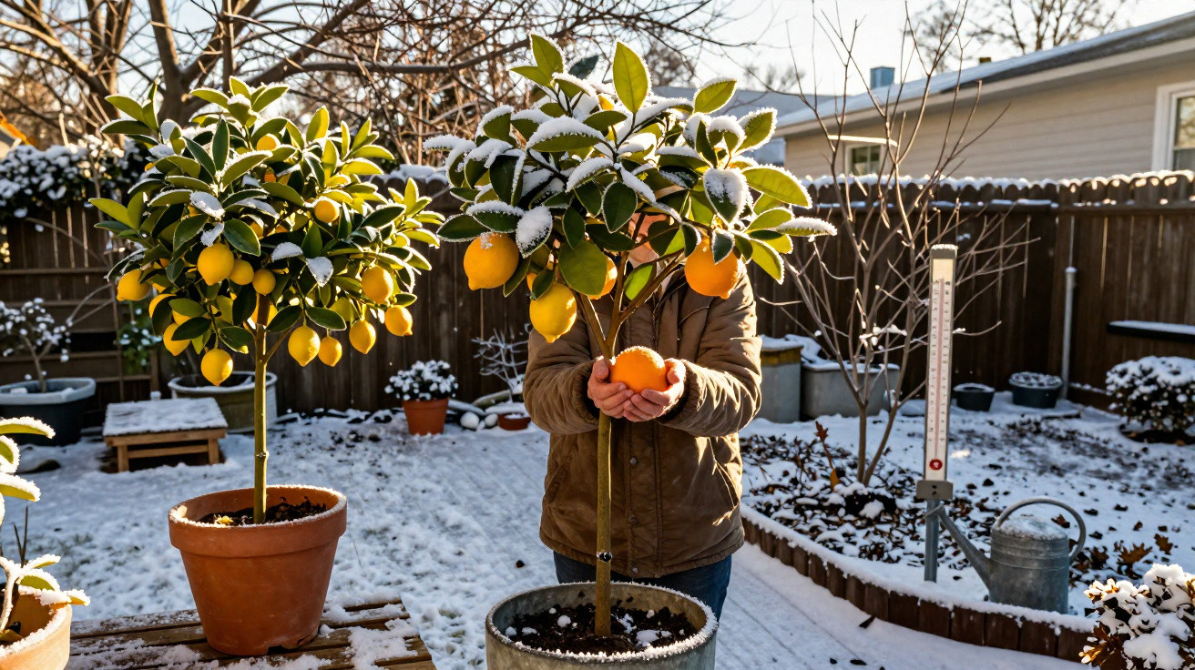 Person hält eine Orange vor einem Zitronenbaum im Topf im verschneiten Garten an einem sonnigen Wintertag.