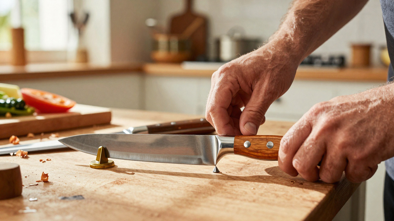 Mann stellt Kochmesser mit Holzgriff auf einen Messerständer auf einer Küchenarbeitsplatte.