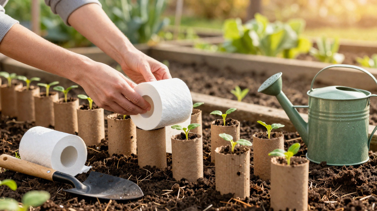 Hände legen Toilettenpapierrollen mit Setzlingen in Erde, daneben Gießkanne und Gartenschaufel.