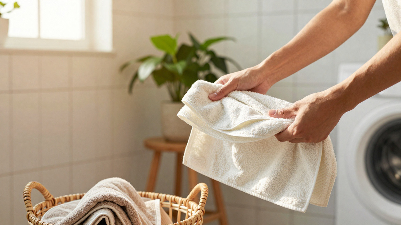 Person faltet weißes Handtuch über einem Wäschekorb in hellem, modernem Badezimmer mit Pflanze und Waschmaschine.