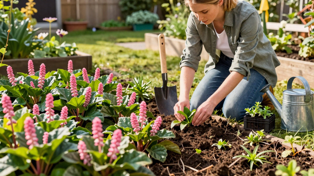 Frau pflanzt junge Pflanzen im Gartenbeet mit Gartenschaufel und Gießkanne bei Sonnenschein.
