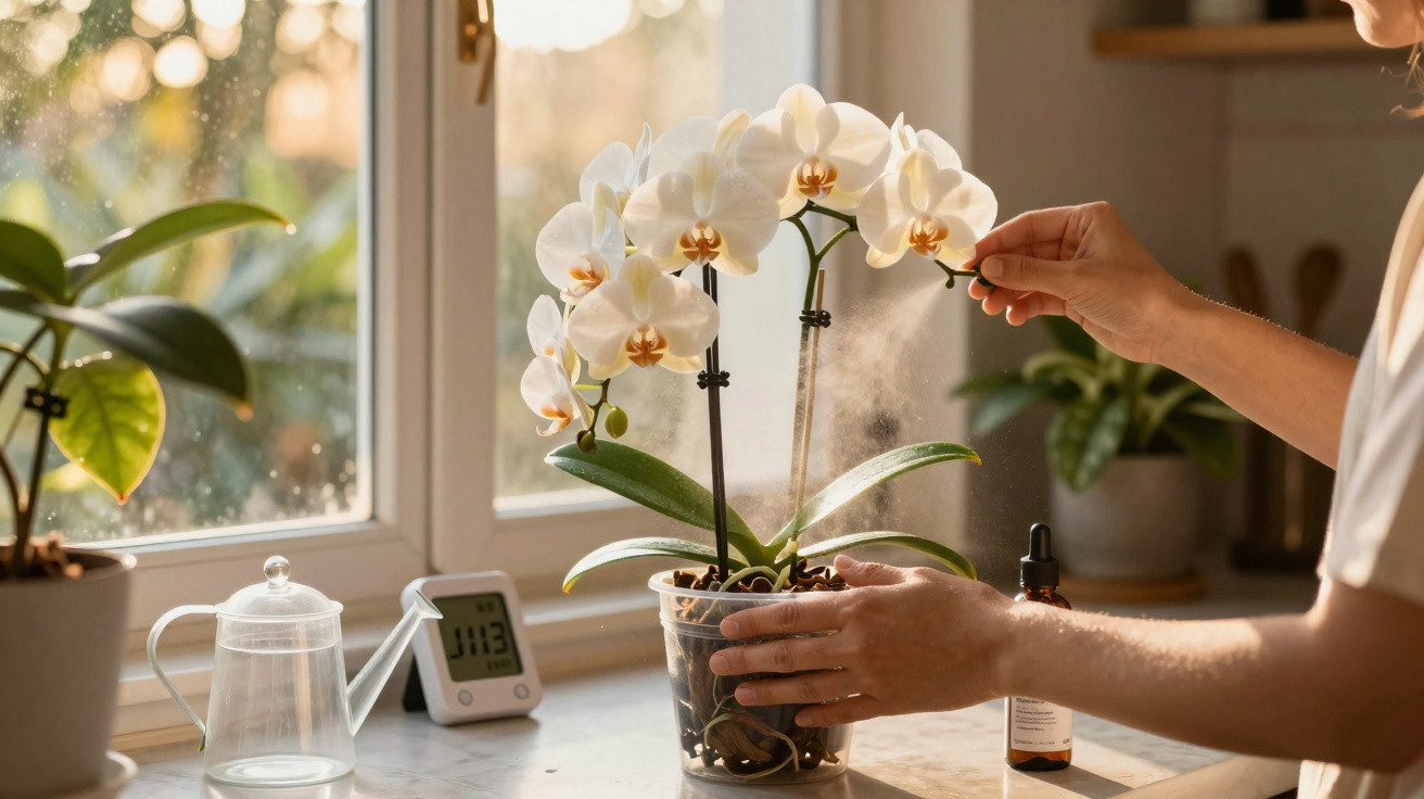Person besprüht weiße Orchidee neben Fenster mit Uhr und Gießkanne im Hintergrund