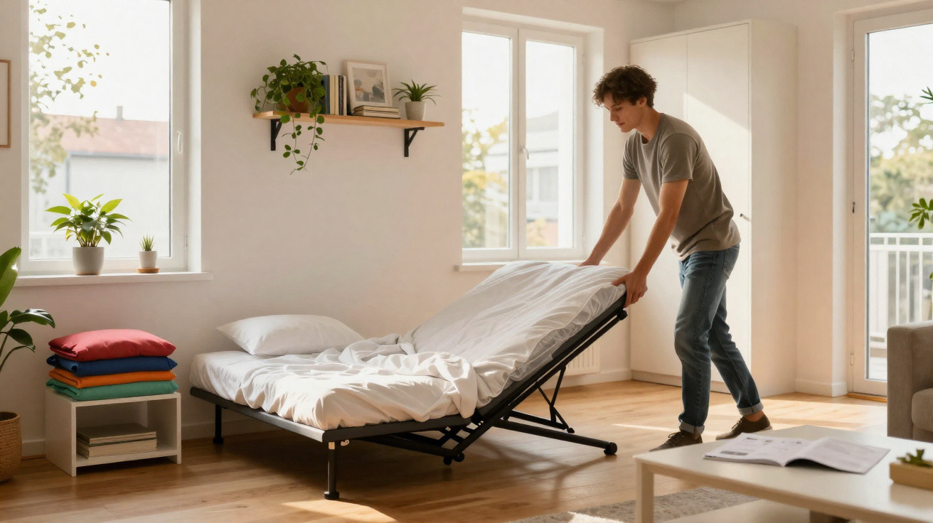 Junger Mann klappt ein Bett in einem hellen, modern eingerichteten Wohnzimmer zusammen.