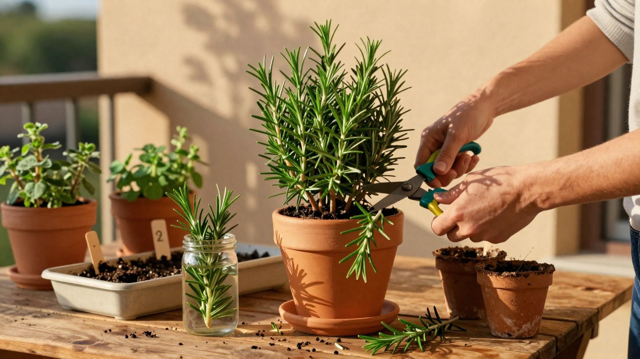 Person schneidet Rosmarinzweige von Topfpflanze auf einem Holztisch mit Gartenschere ab.