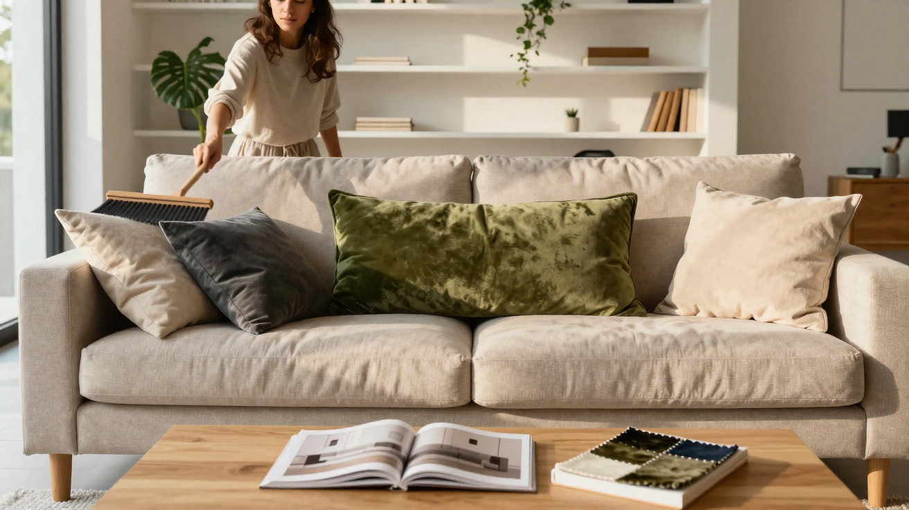 Frau kehrt Staub vom hellen Sofa mit Kissen in modernem Wohnzimmer mit hellem Holztisch und Dekoration.