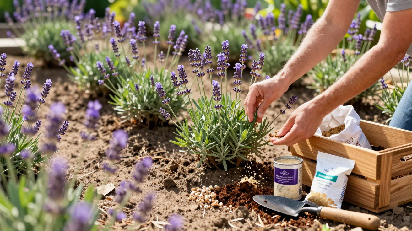 Person streut Düngemittel auf Lavendelpflanzen in einem sonnigen Gartenbeet mit Gartengerät und Holzbox.