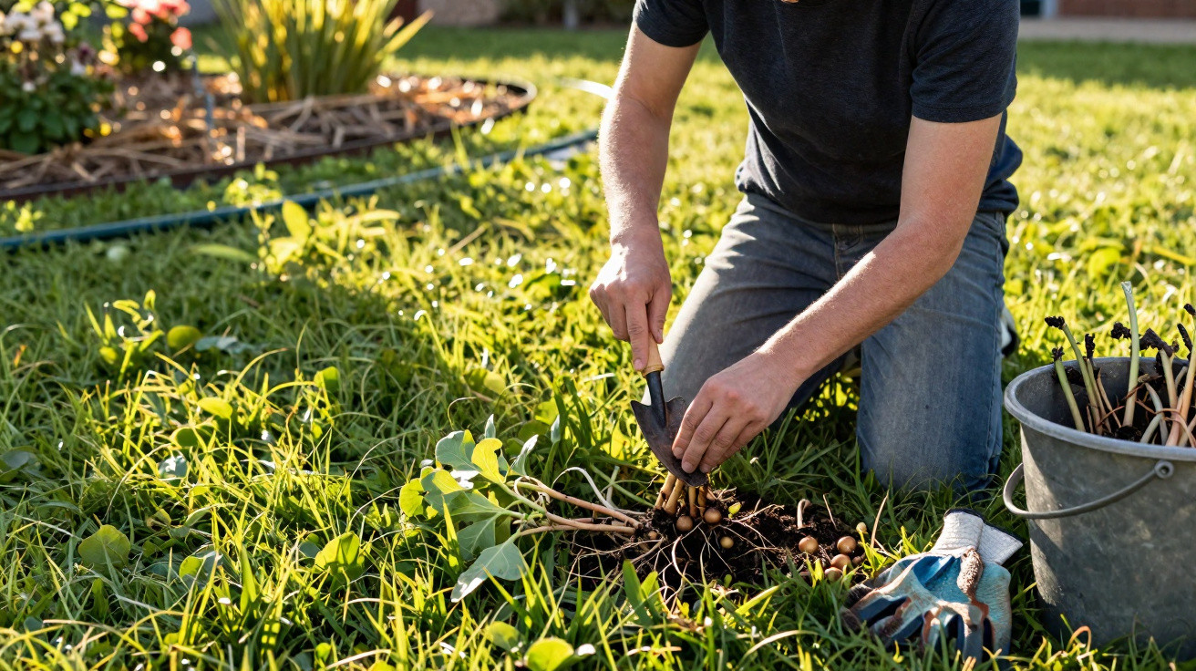 Mann kniet im Garten und gräbt Pflanzen mit kleiner Gartenschaufel aus, Eimer und Handschuhe daneben.