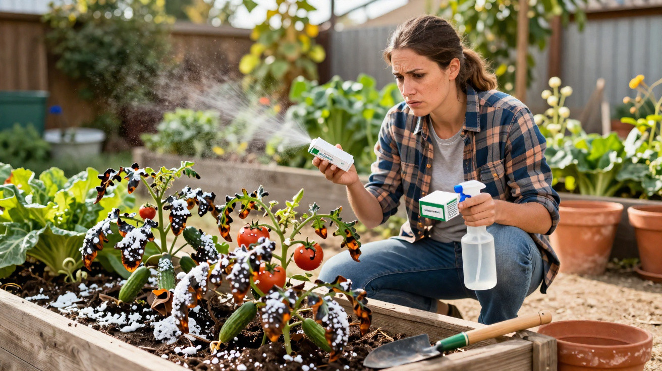 Frau untersucht kranke Tomatenpflanzen im Gewächshaus mit Pflanzensprüher und Medikamentenschachtel.