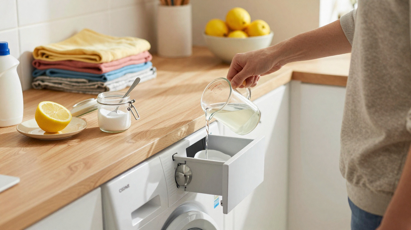 Hand gießt Flüssigkeit in Waschmittelfach einer Waschmaschine in heller Küche mit Zitronen und Handtüchern.