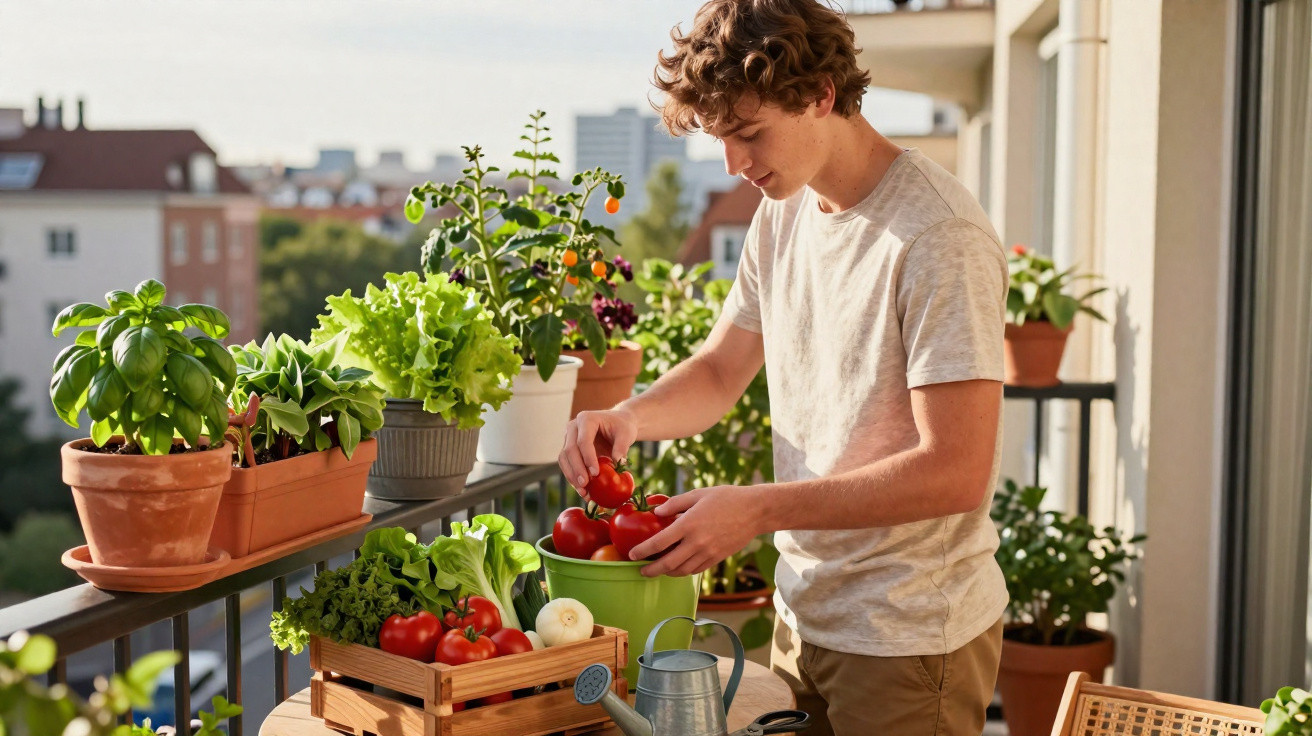 Junger Mann erntet Tomaten auf dem Balkon mit verschiedenen Kräutern und Gemüsepflanzen.