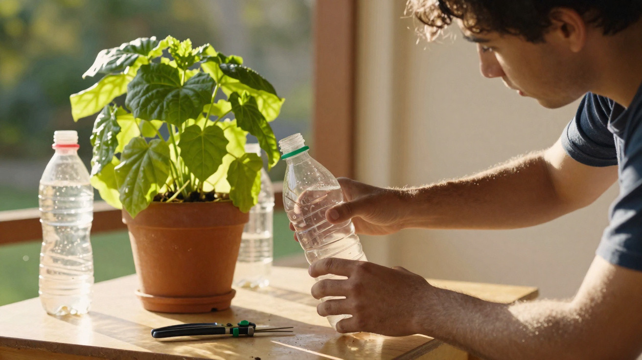 Mann baut mit Wasserflasche eine Bewässerungshilfe für eine Pflanze auf einem Tisch auf.