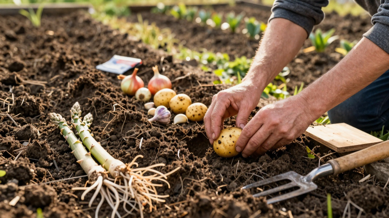Person pflanzt Kartoffeln in einen Garten mit Spargel, Zwiebeln und Knoblauch im Boden.
