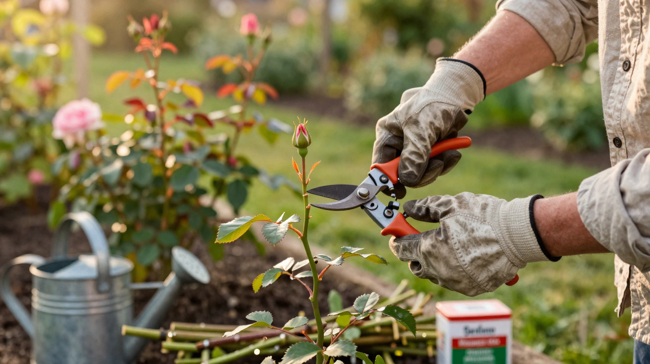 Person mit Handschuhen schneidet eine Rosenknospe im Garten mit einer Gartenschere zurück.