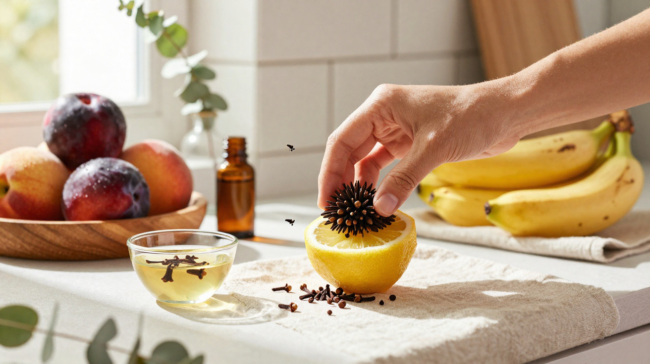 Hand presst Nelken in eine halbierte Zitrone auf weißer Küchentheke mit Obst im Hintergrund
