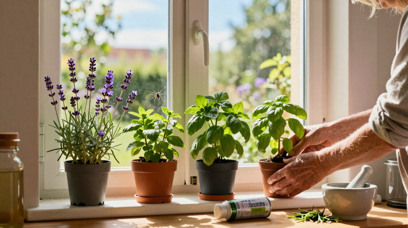 Vier Topfpflanzen auf einer Fensterbank, Person pflanzt Kräuter, sonniger Tag im Hintergrund.