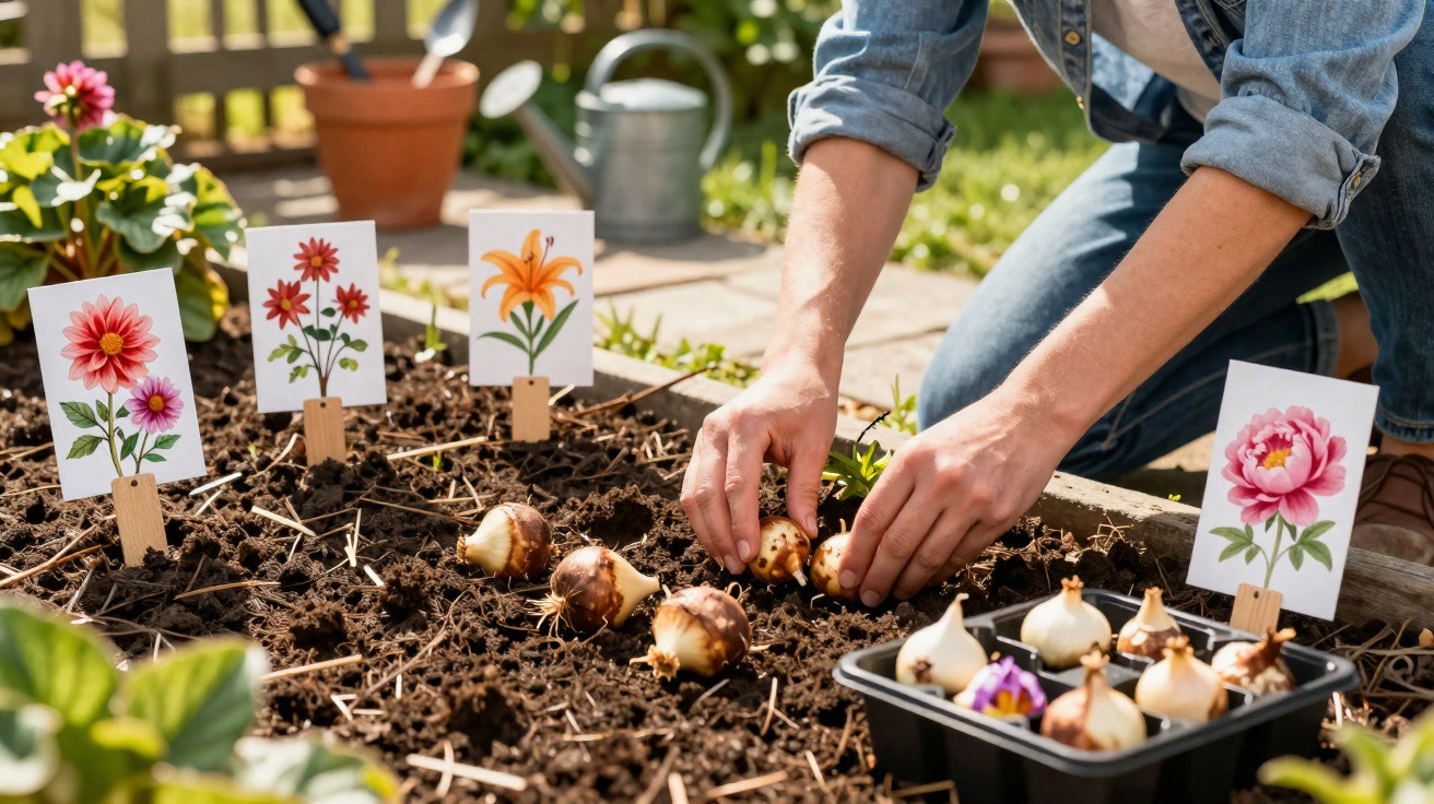 Person pflanzt Blumenzwiebeln in vorbereiteten Gartenboden mit Pflanzenschildern und Gießkanne im Hintergrund.
