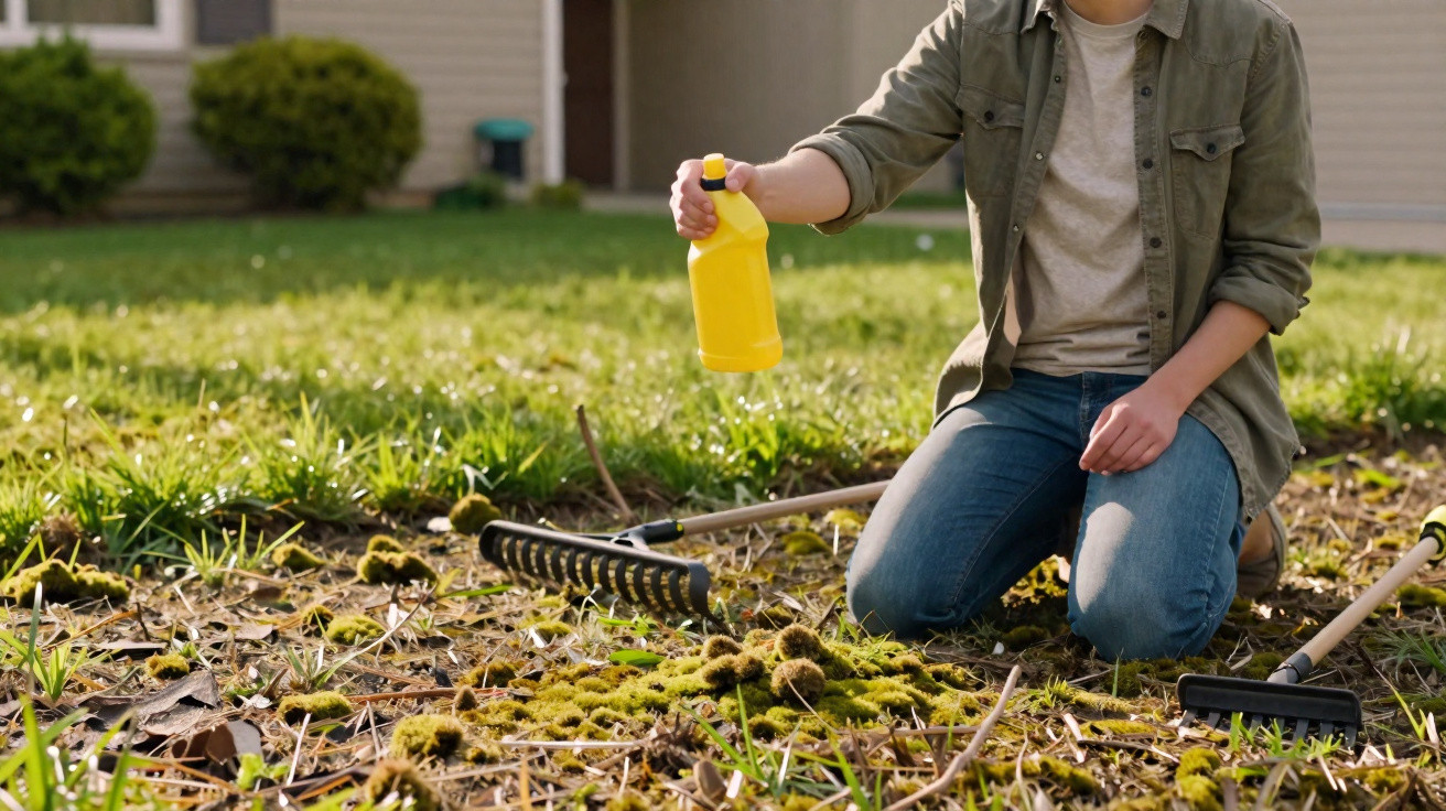 Person kniet im Garten, hält gelbe Sprühflasche und hat Gartenrechen und Harke neben sich liegen.