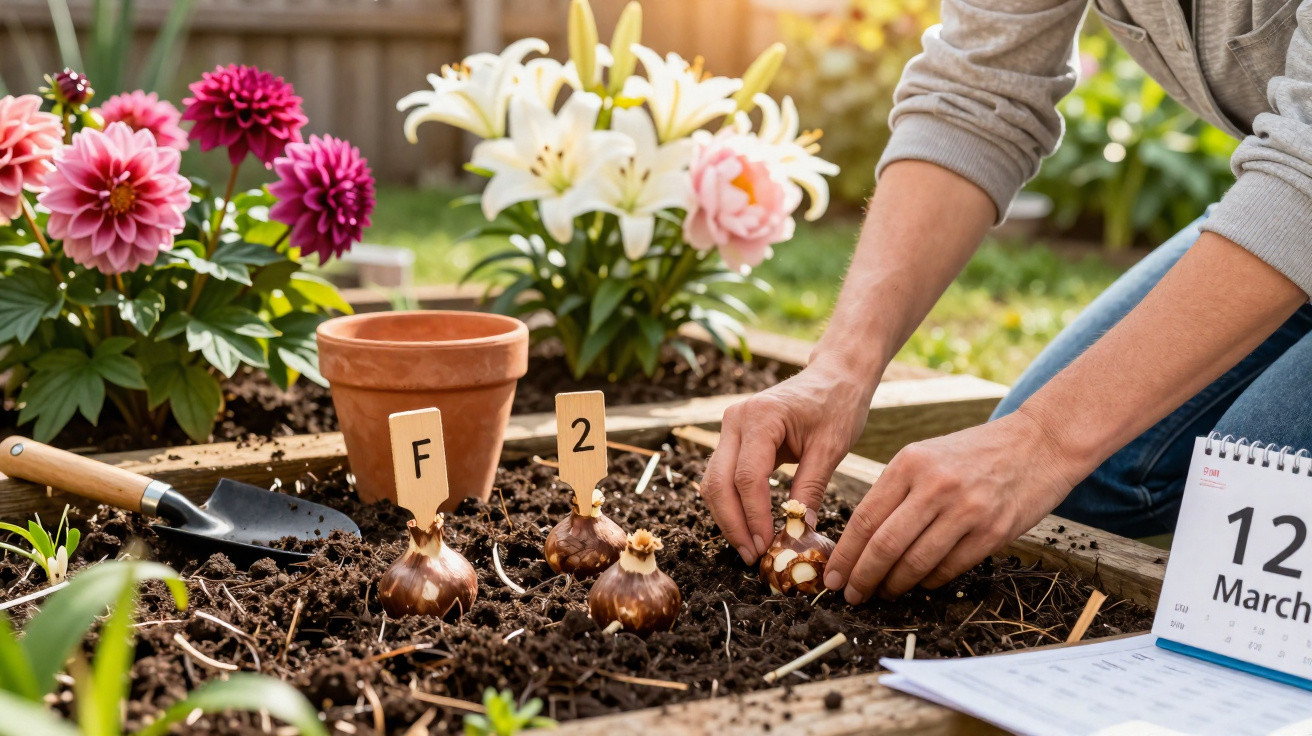 Person pflanzt Blumenzwiebeln in ein Hochbeet, umgeben von farbigen Blumen und Gartengeräten im Frühjahr.