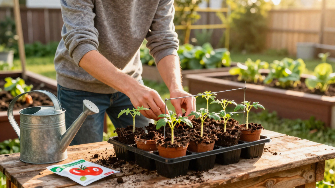 Person gießt und stützt junge Tomatenpflanzen in Töpfen auf einem Holztisch im Garten.