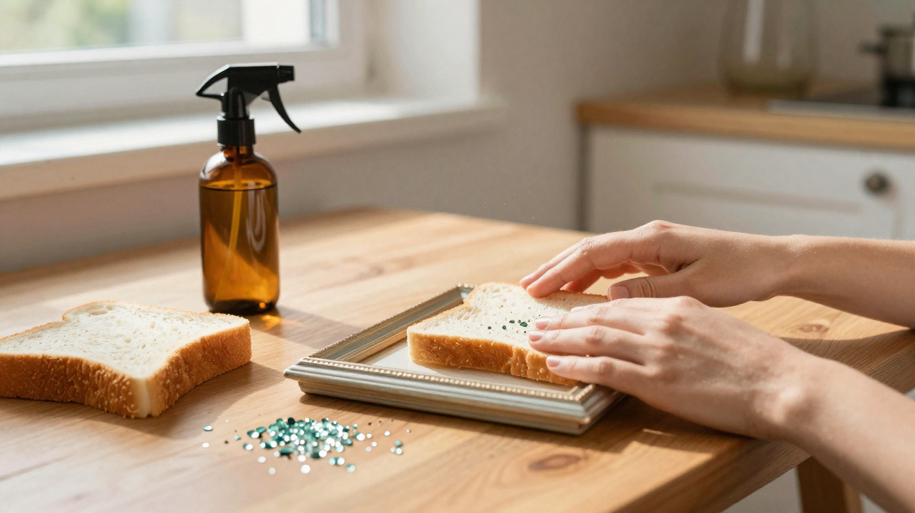 Hände legen eine Brotscheibe in einen Bilderrahmen auf einem Holztisch mit Sprühflasche und bunten Glitzersteinchen.