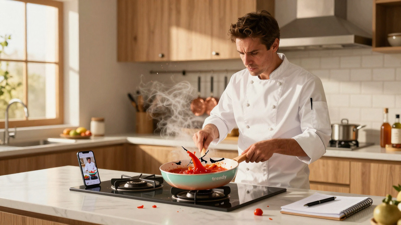Koch in weißer Jacke kocht Tomatensoße in moderner Küche, Handy zeigt Rezeptvideo auf Ablage.