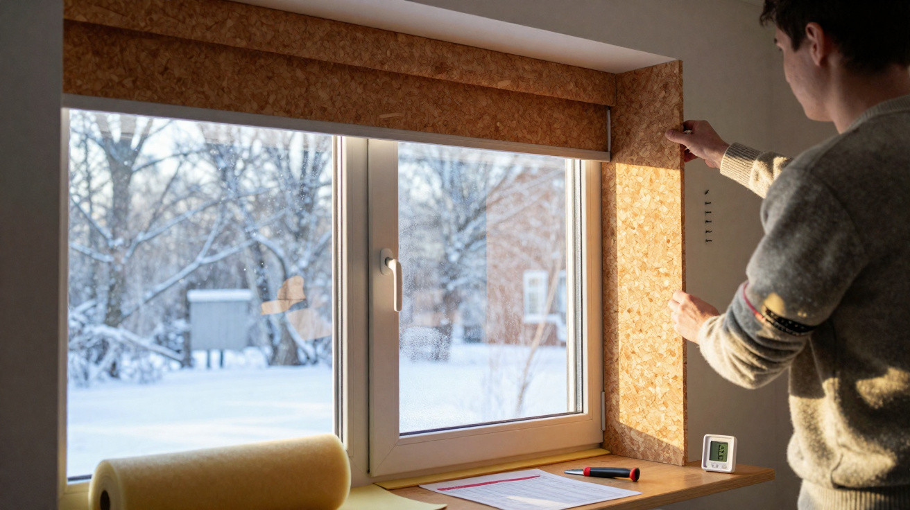 Frau schließt holzverkleideten Fensterladen an Winterfenster mit schneebedeckten Bäumen draußen.