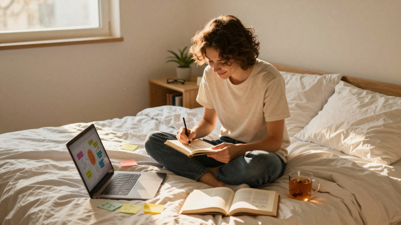 Junge Frau sitzt auf dem Bett, macht Notizen in einem Notizbuch mit Laptop und Buch vor sich.