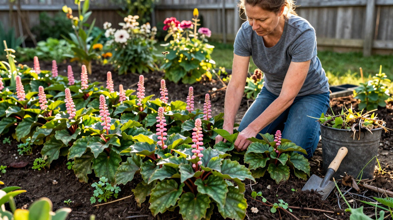 Frau kniet im Garten und pflegt grüne Pflanzen mit rosa Blüten in einem Beet neben Gartengerät und Eimer.