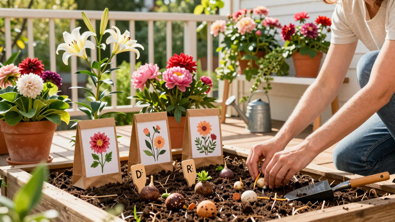 Frau pflanzt Blumenzwiebeln in Hochbeet auf Balkon mit farbenfrohen, blühenden Blumen im Hintergrund.