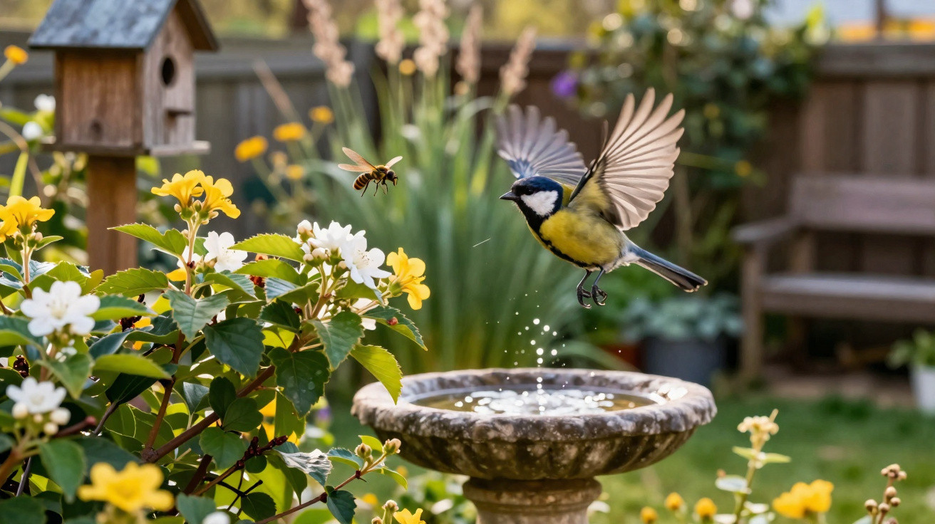 Kohlmeise fliegt über Vogeltränke, umgeben von gelben und weißen Blumen im Garten.
