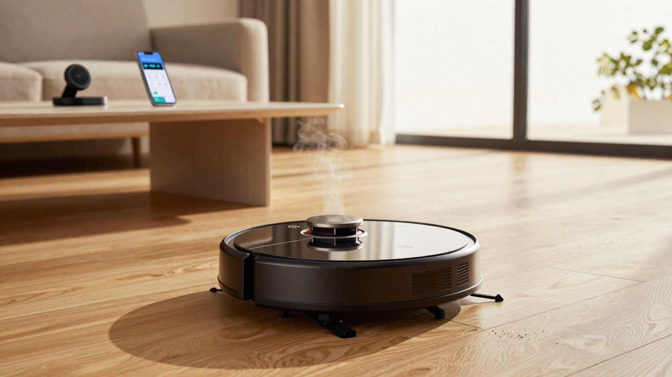 Moderner Saugroboter auf Holzboden in hellem Wohnzimmer vor Sofa und Couchtisch mit Smartphonehalterung.