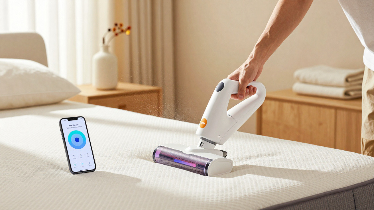 Hand bedient kabelloses Staubsaugergerät reinigt Matratze, Smartphone zeigt App-Steuerung im Schlafzimmer.
