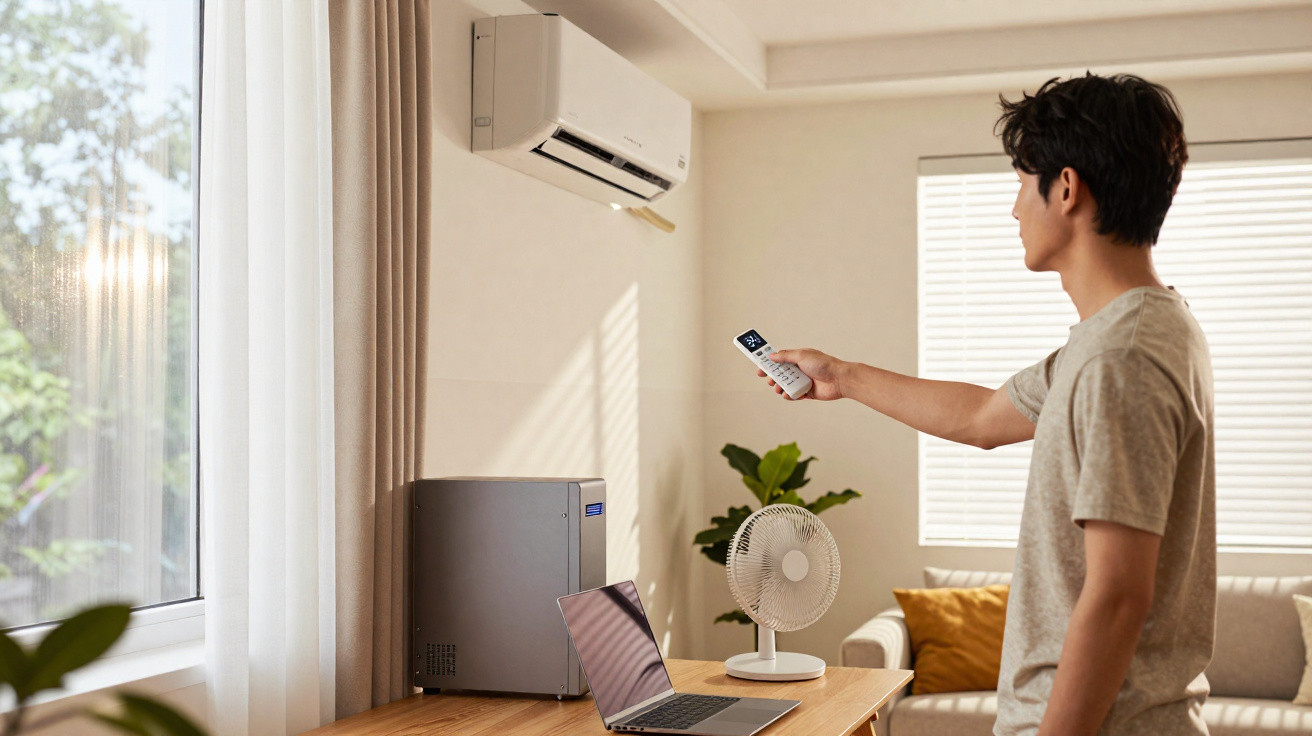 Mann bedient Klimaanlage mit Fernbedienung in hellem Wohnzimmer mit Laptop und Ventilator auf Tisch.