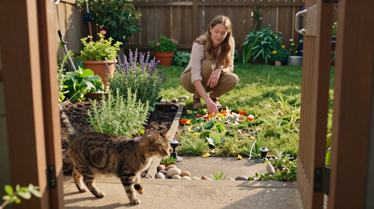 Frau hockt im Garten und verteilt Gemüsereste, während eine Katze auf der Terrasse spaziert.