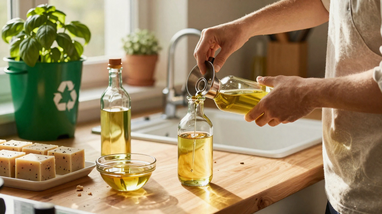 Person füllt Öl aus Glasflasche mit Trichter in andere Flasche in heller Küche mit Pflanzen am Fenster.