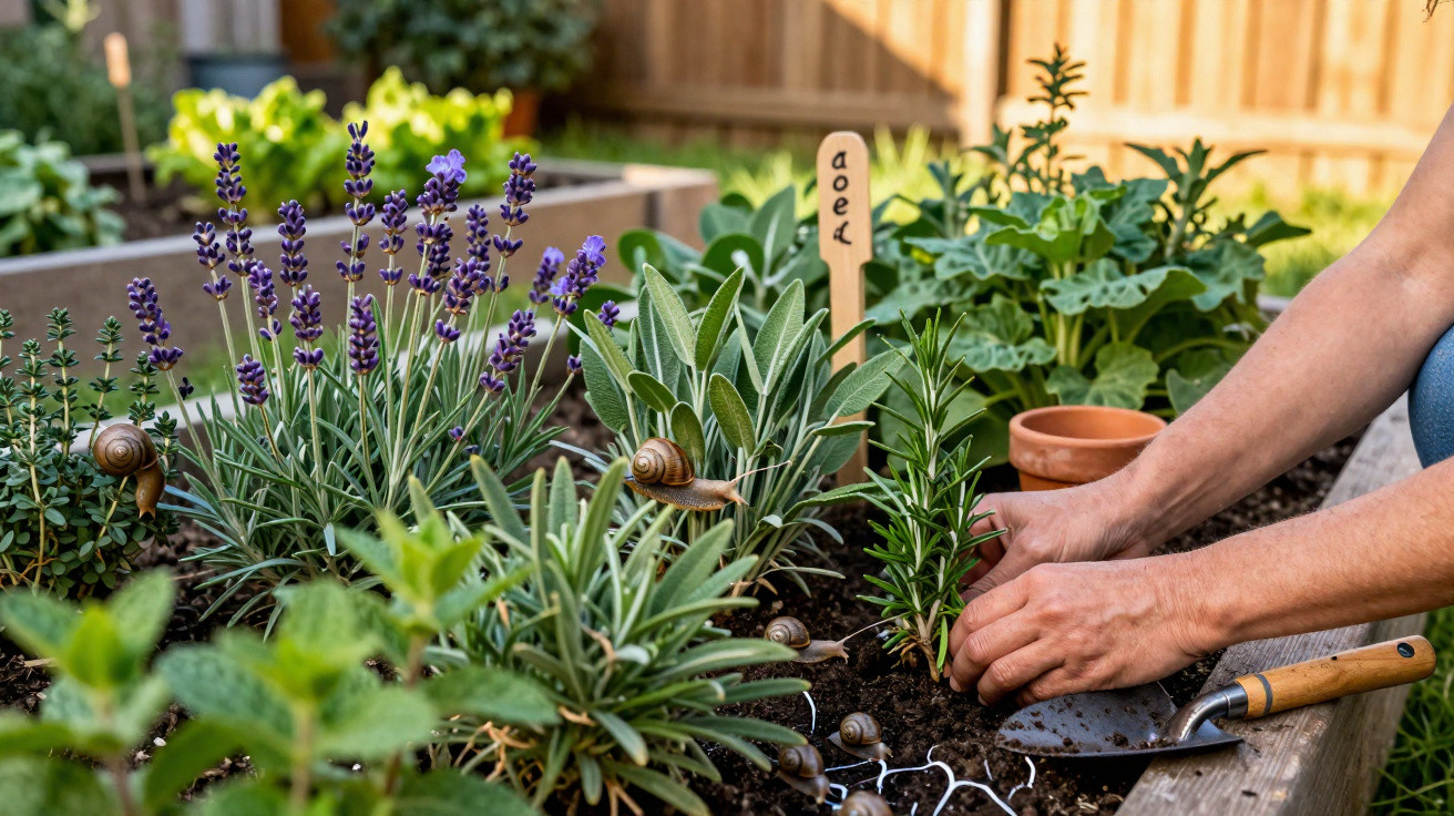 Person pflanzt Kräuter in Hochbeet mit Schnecken und blühendem Lavendel im Garten.