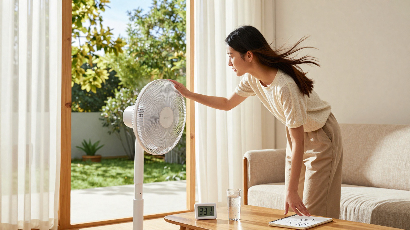 Frau stellt Ventilator in hellem Raum neben Couch an, Sonneneinfall, digitaler Wecker und Wasserglas auf Tisch.