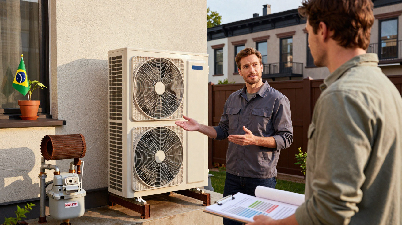 Zwei Männer besprechen die Installation einer Luftwärmepumpe an der Außenwand eines Hauses.