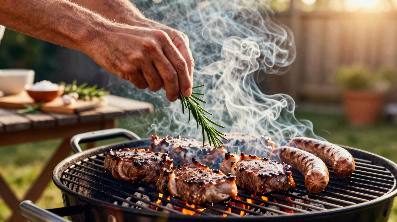 Hand legt frischen Rosmarin auf gegrillte Steaks und Bratwürste im Garten bei Sonnenuntergang.