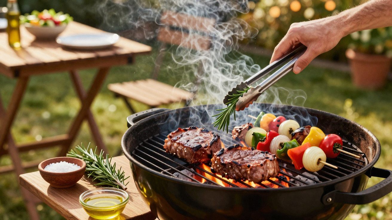Grill mit zwei Steaks und Gemüsespießen, Hand würzt mit frischem Rosmarin, Gartentisch im Hintergrund.
