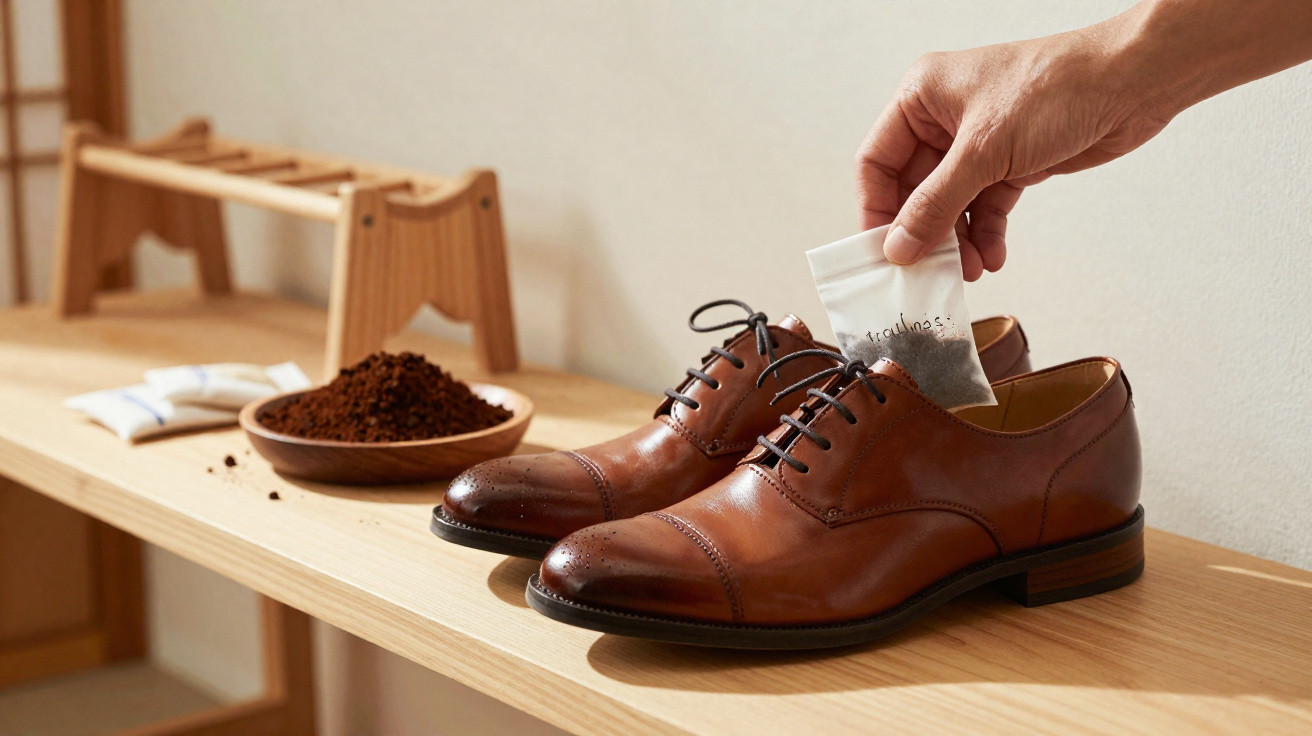 Hand steckt Aromabeutel in braunen Lederschuh auf Holztisch mit Kaffeebohnen und Aromabeuteln.
