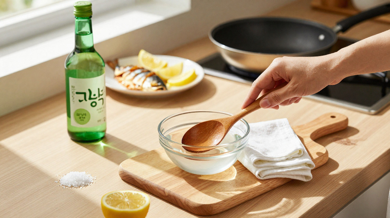 Hand rührt mit Holzlöffel in Glas mit Flüssigkeit auf Holzbrett, daneben Zitrone, Salz und grüne Flasche.