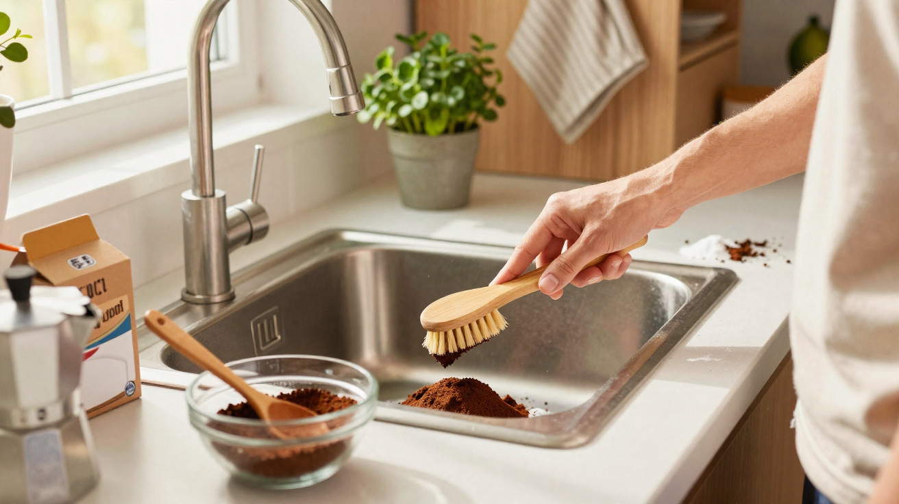 Hand reinigt verschüttetes Kaffeepulver in der Küchenspüle mit Bürste neben Kaffeemaschine.