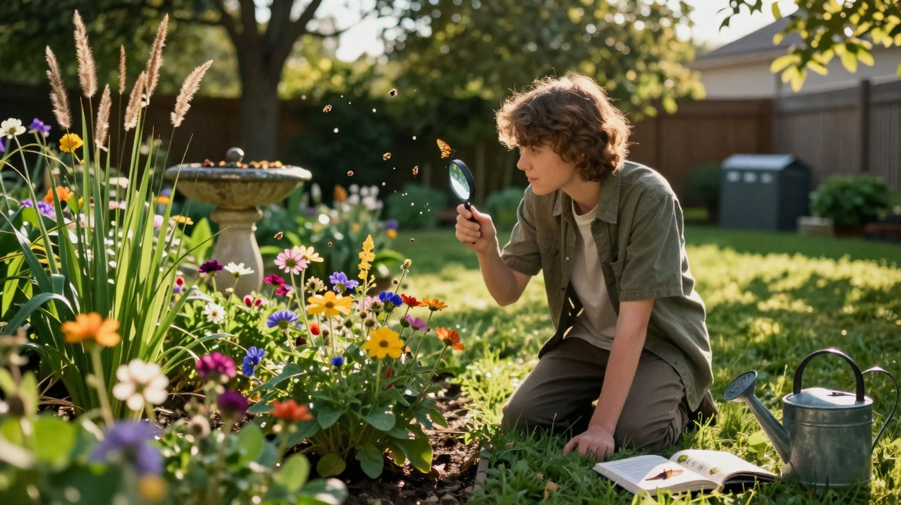 Junge untersucht mit Lupe bunte Blumen und Schmetterlinge im Garten an sonnigem Tag.