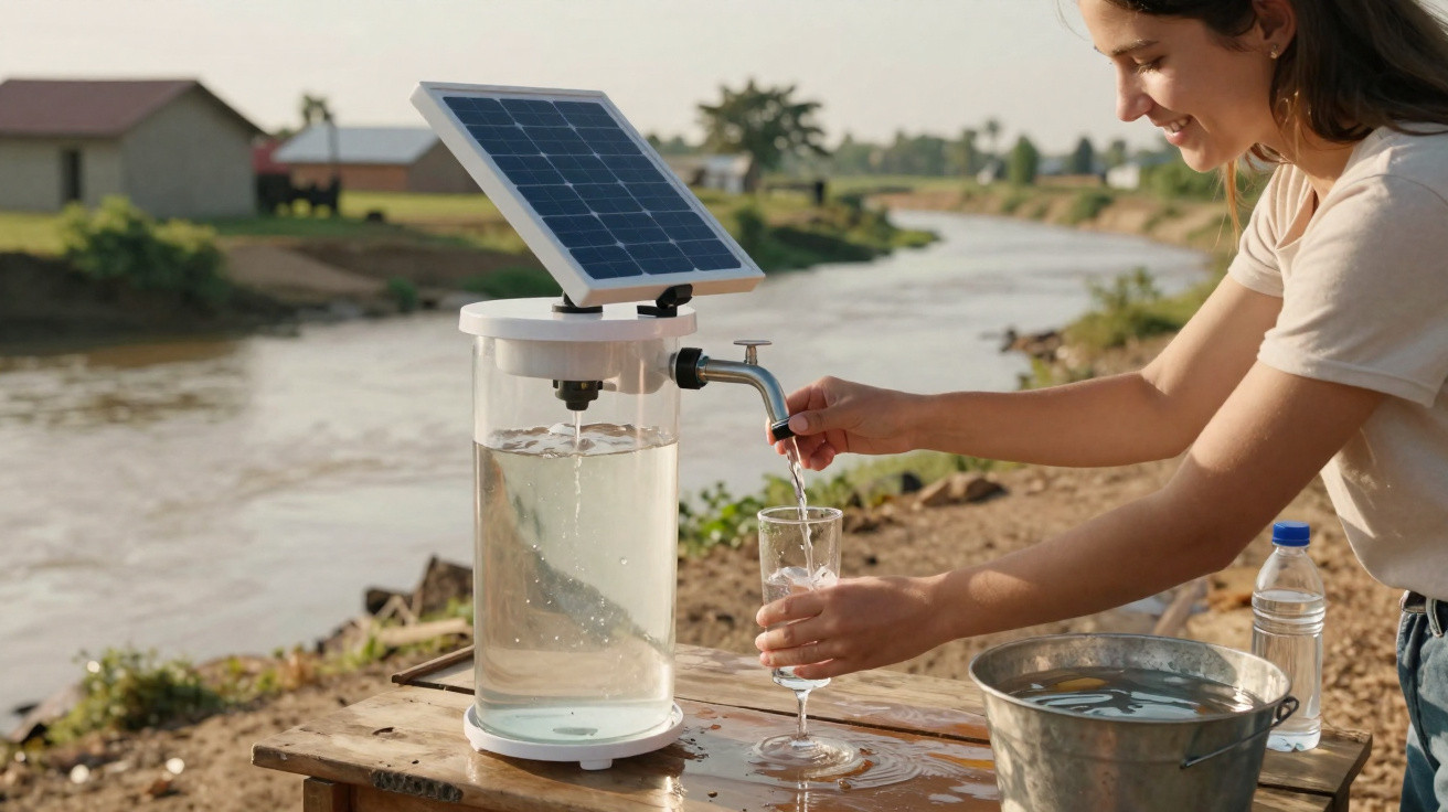 Frau füllt Glas mit sauberem Wasser aus solarbetriebenem Wasserfiltergerät am Flussufer.