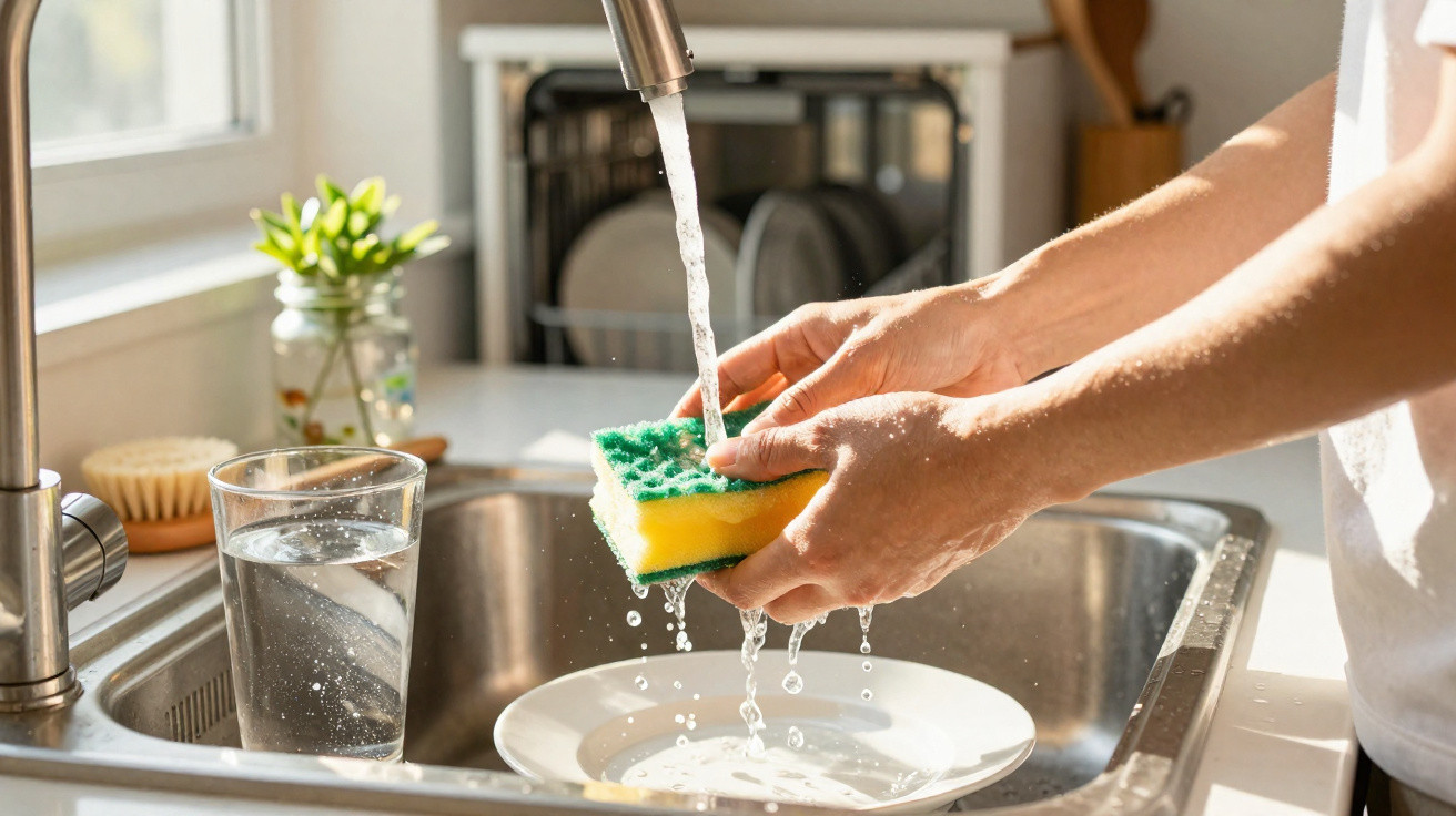 Person wäscht gelb-grünen Schwamm an Küchenarmatur über Spüle mit Glas Wasser im Hintergrund.