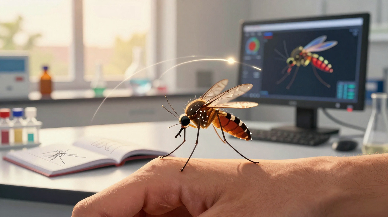Große animierte Mücke sitzt auf Hand, im Hintergrund Labor mit Computer und wissenschaftlichen Materialien.
